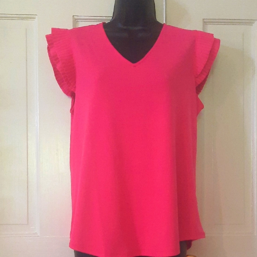 Pink Ruffle Sleeve V-Neck Top - Womans Size Medium - Brand: Adrianna Papell NWT